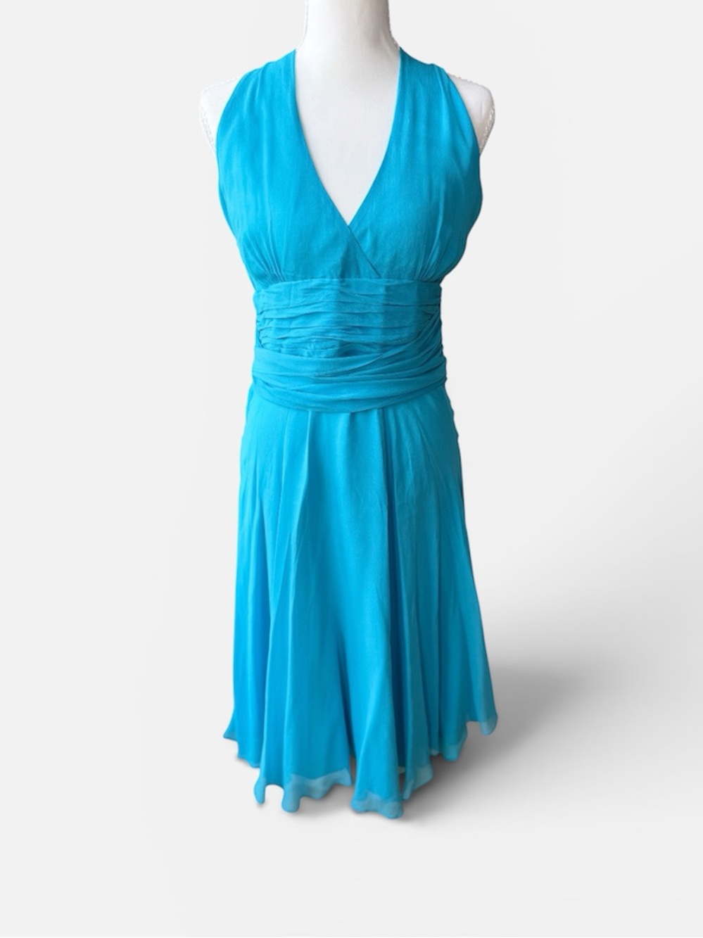 Maggy London Turquoise Silk Halter V-Neck Midi Dress Sz 14